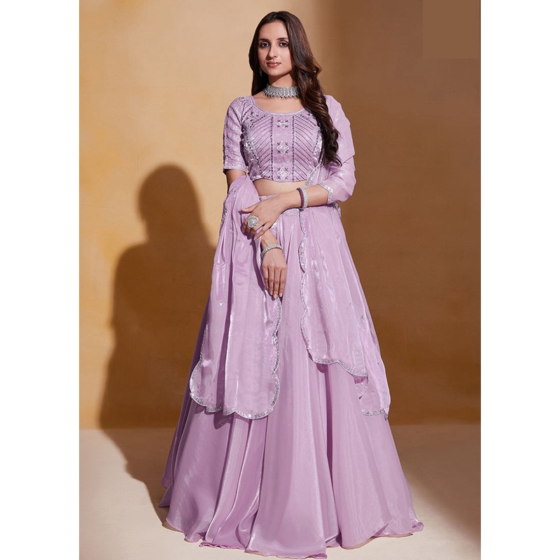 3 Pc Light Purple Net Semi Stitched Lehenga Set - JD986584214