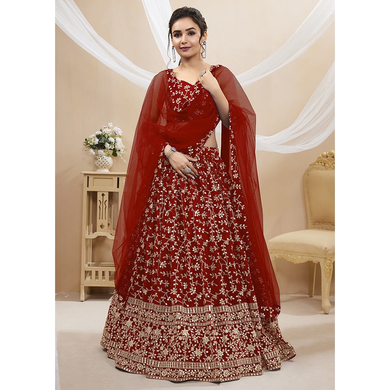 3 Pc Maroon Georgette Semi Stitched Lehenga Set - JD986584213