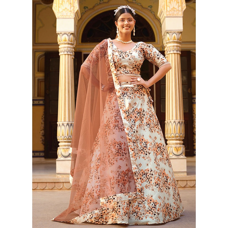 3 Pc Off White Silk Semi Stitched Lehenga Set - JD986584211