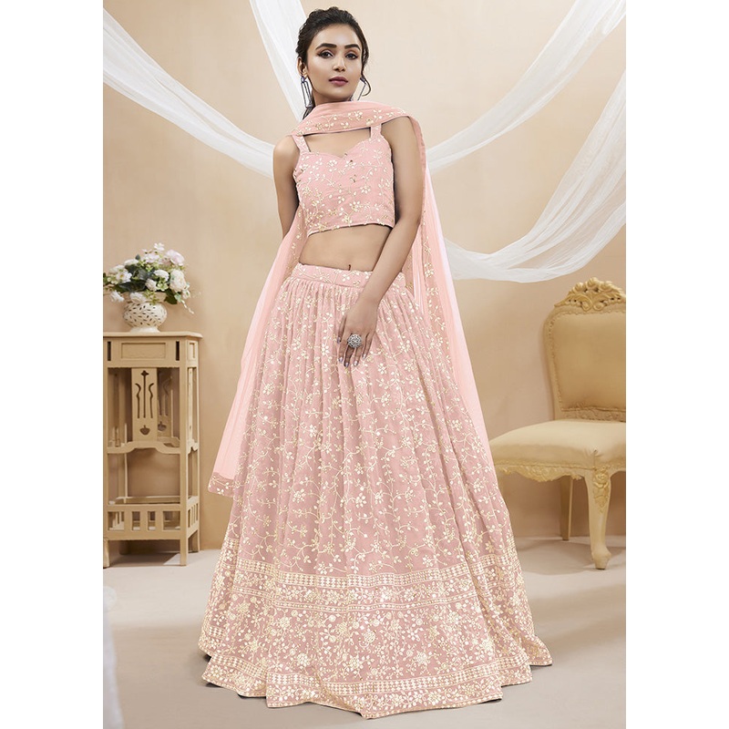 3 Pc Pink Georgette Semi Stitched Lehenga Set - JD986584210