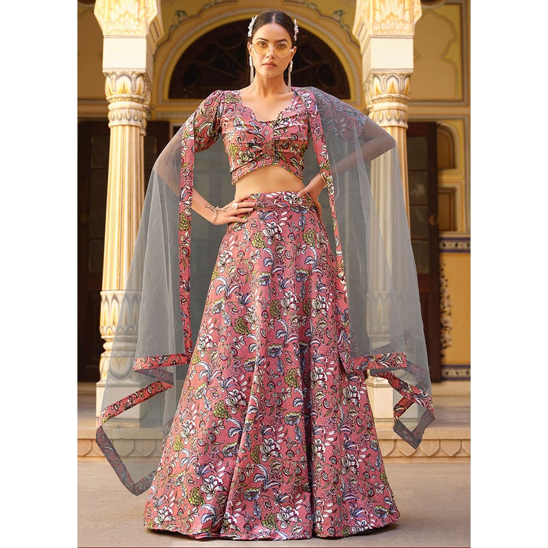 3 Pc Pink Silk Semi Stitched Lehenga Set - JD986584207