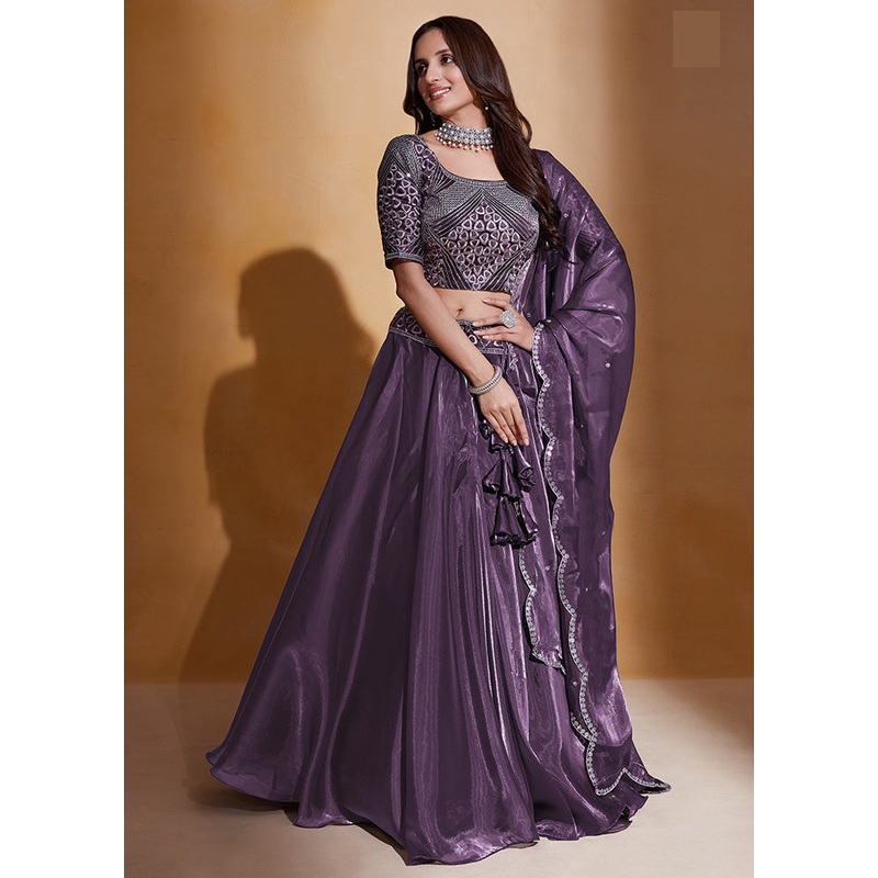 3 Pc Purple Net Semi Stitched Lehenga Set - JD986584205