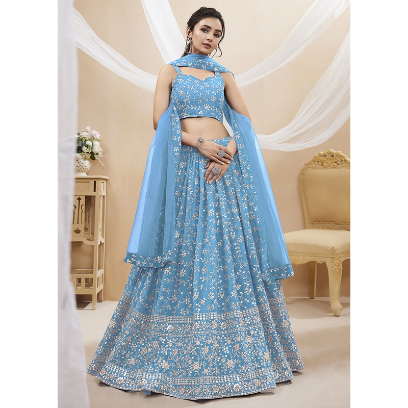 3 Pc Sky Blue Georgette Semi Stitched Lehenga Set - JD986584203