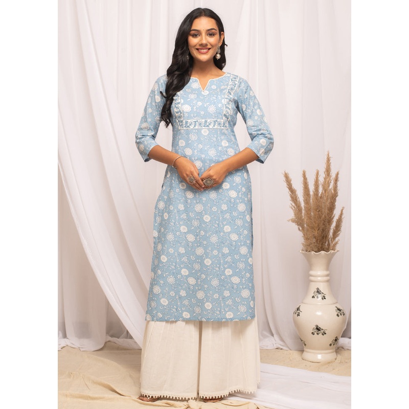 Sky Blue Readymade Cotton Long Kurti - JD986584409