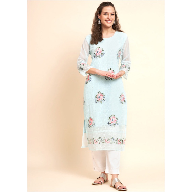 Sky Blue Readymade Georgette Kurti - JD986584406