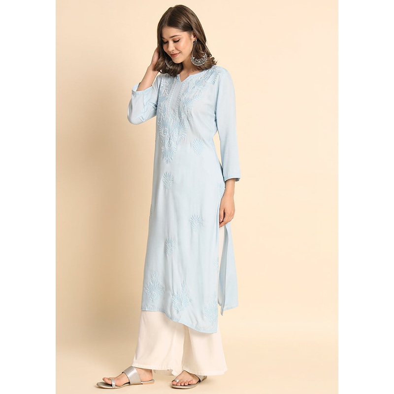 Sky Blue Readymade Rayon Kurti - JD986584405