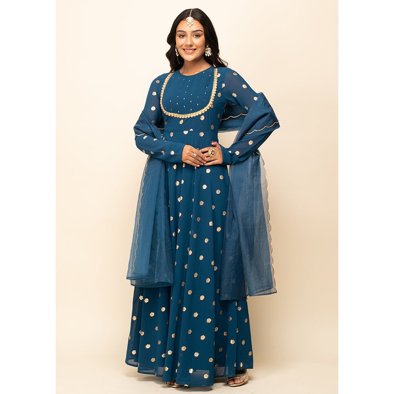 Teal Blue Readymade Georgette Indian Dress - JD986584404
