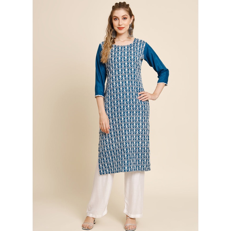 Teal Blue Readymade Georgette Long Kurti - JD986584400