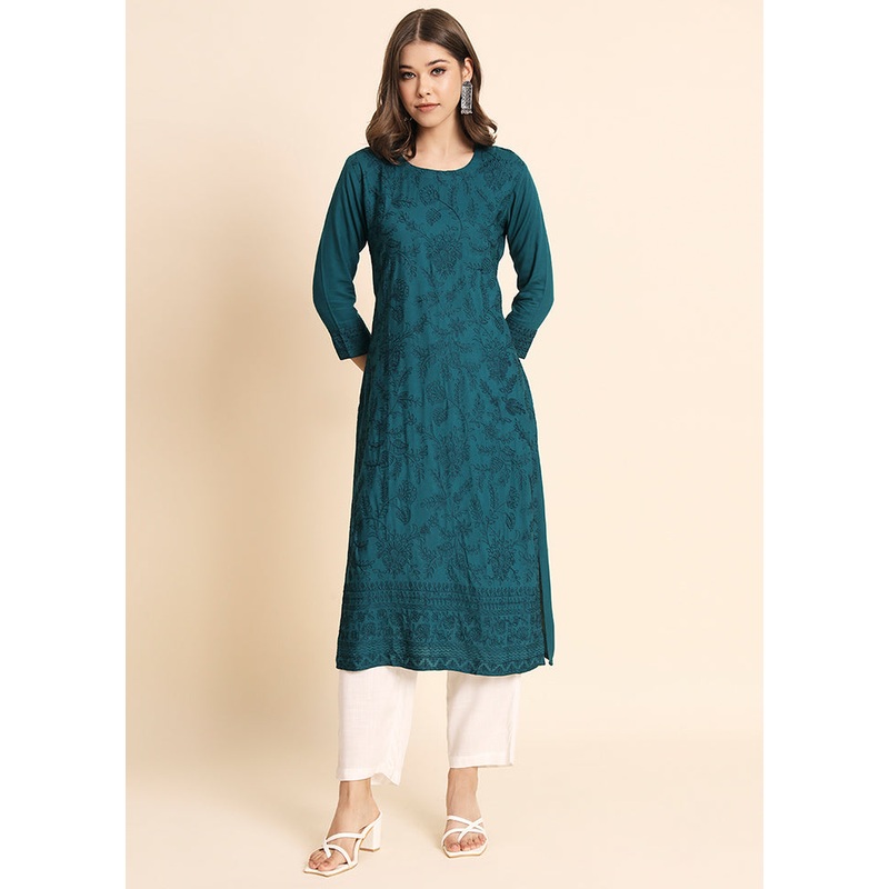 Teal Blue Readymade Rayon Kurti - JD986584398