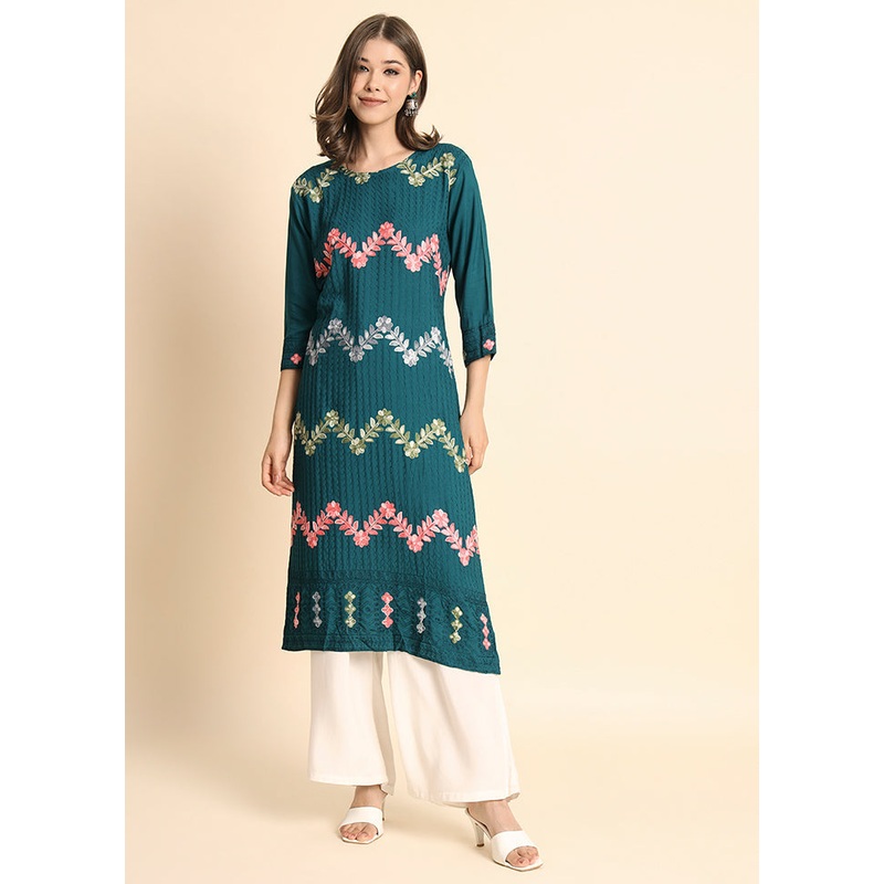 Teal Blue Readymade Rayon Kurti - JD986584399