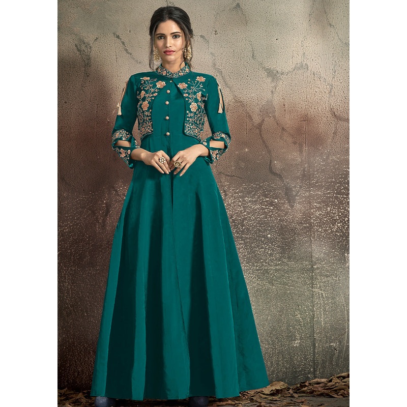 Teal Blue Readymade Silk Gown - JD986584397
