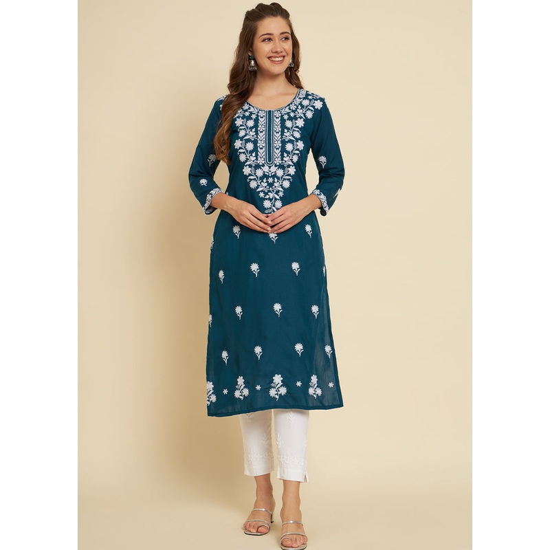 Teal Readymade Cotton Long Kurti - JD986584396