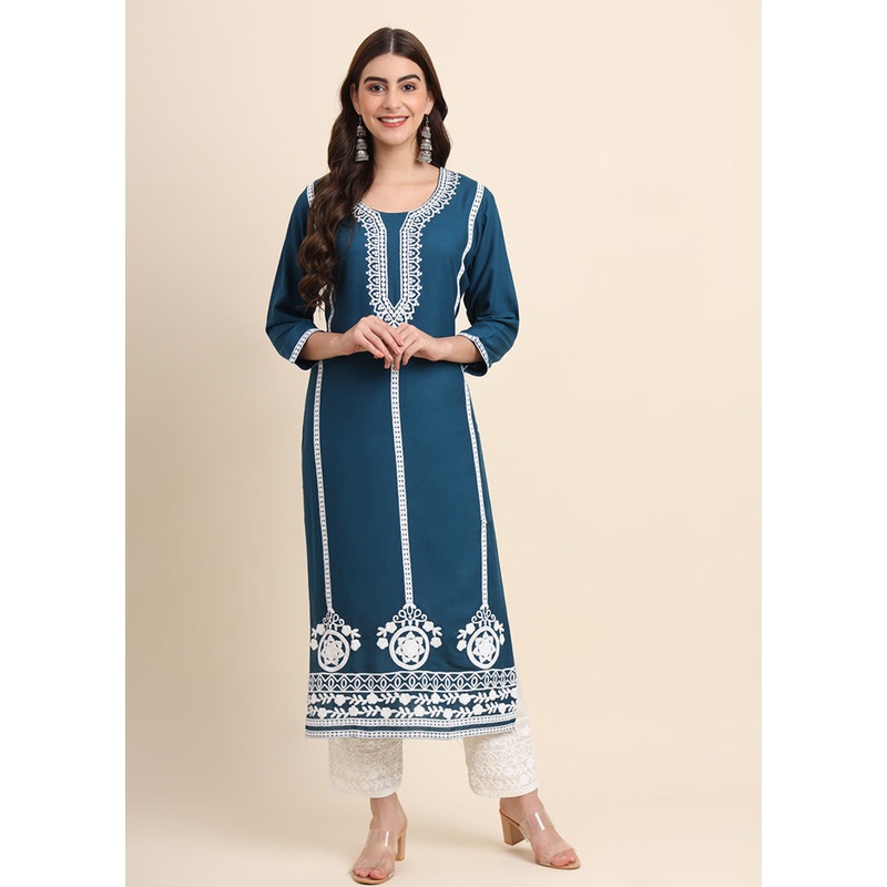 Teal Readymade Rayon Kurti - JD986584394