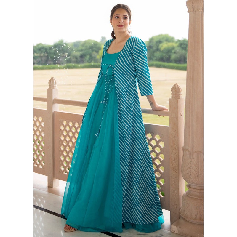 Teal Readymade Silk Gown With Jacket - JD986584393