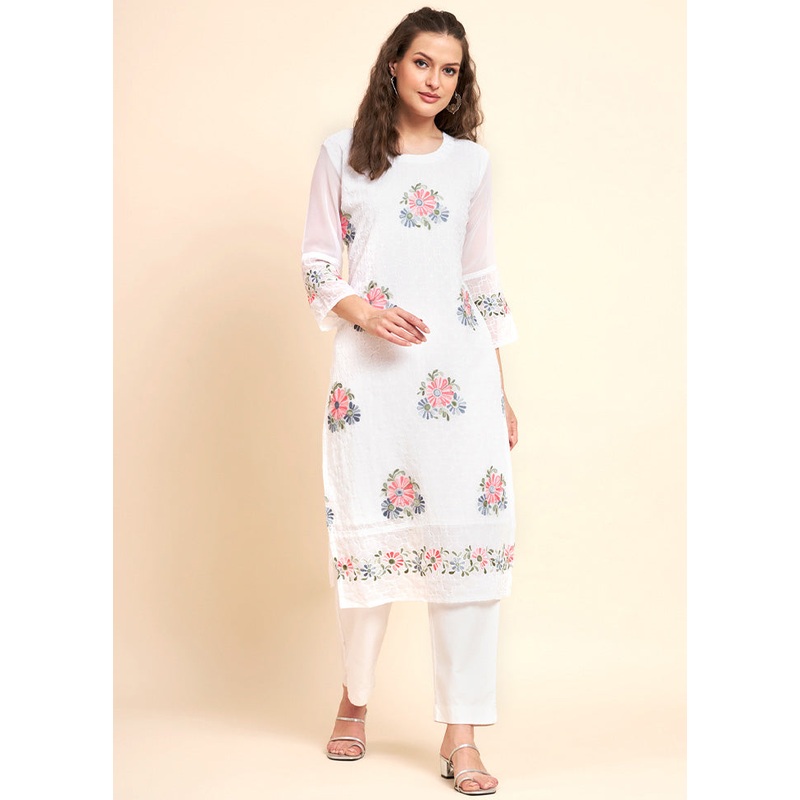 White Readymade Georgette Kurti - JD986584384