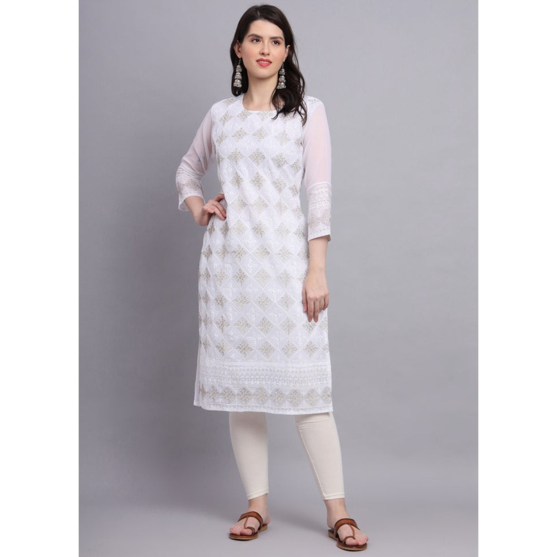 White Readymade Georgette Kurti - JD986584386