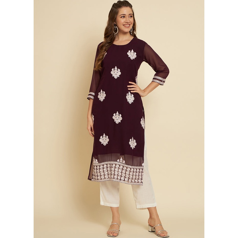 Wine Readymade Cotton Long Kurti - JD986584378