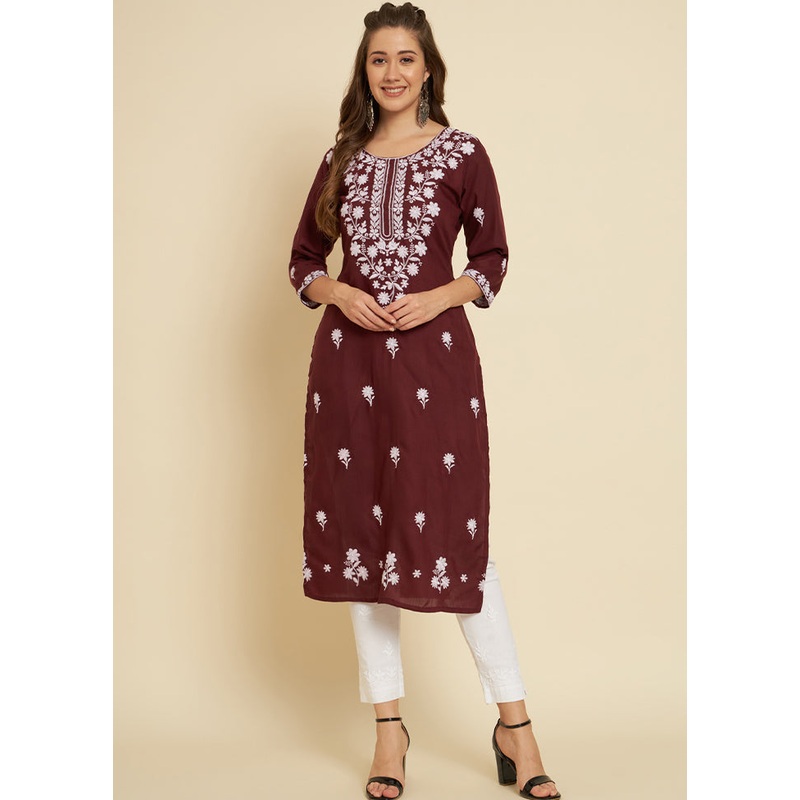 Wine Readymade Cotton Long Kurti - JD986584379