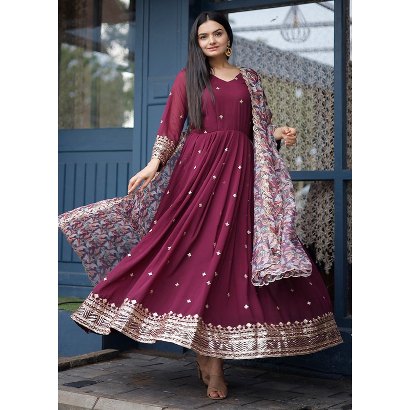 Wine Readymade Georgette Indian Dress - JD986584377