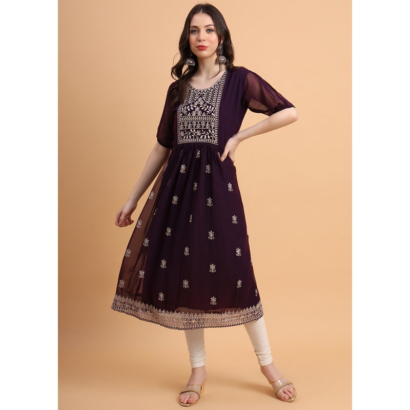 Wine Readymade Georgette Kurti - JD986584374