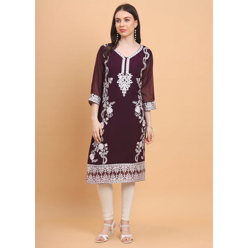 Wine Readymade Georgette Kurti - JD986584375