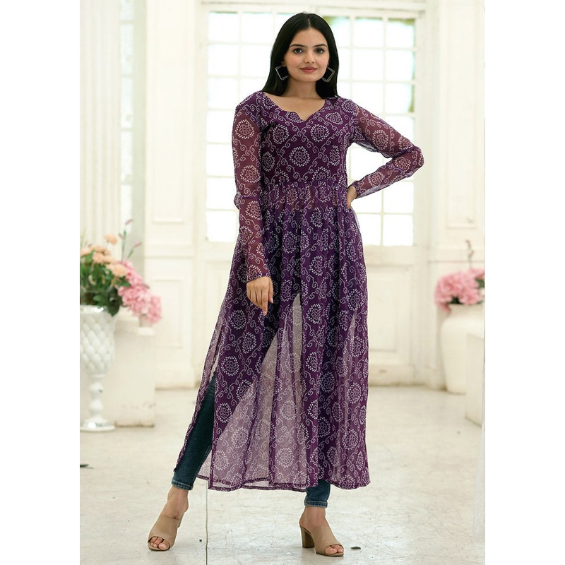 Wine Readymade Georgette Long Kurti - JD986584372