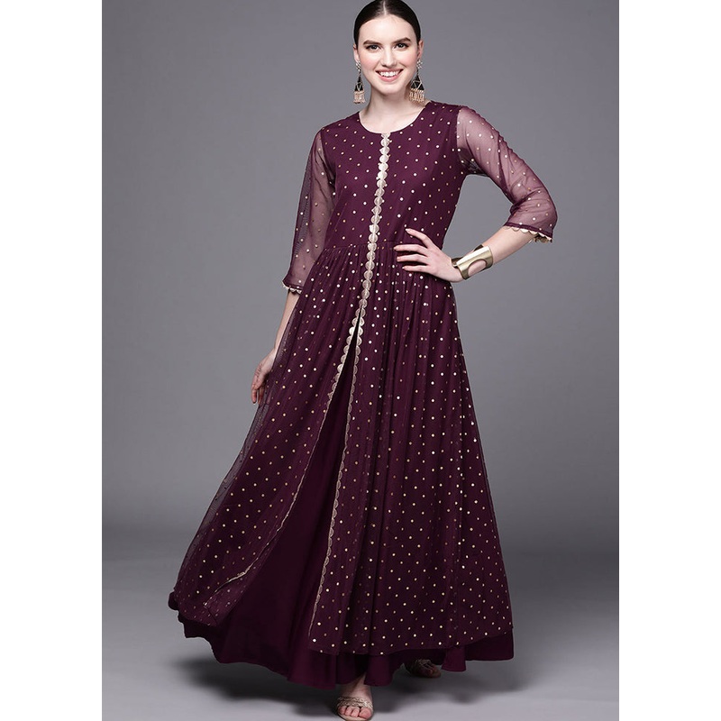 Wine Readymade Net Kurti - JD986584371