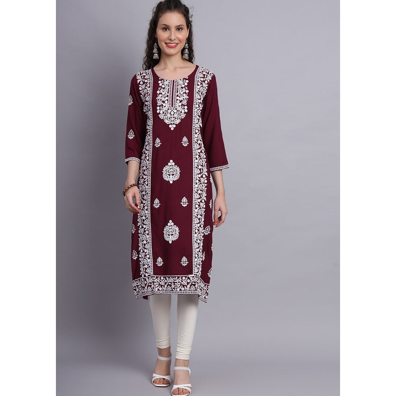 Wine Readymade Rayon Kurti - JD986584369