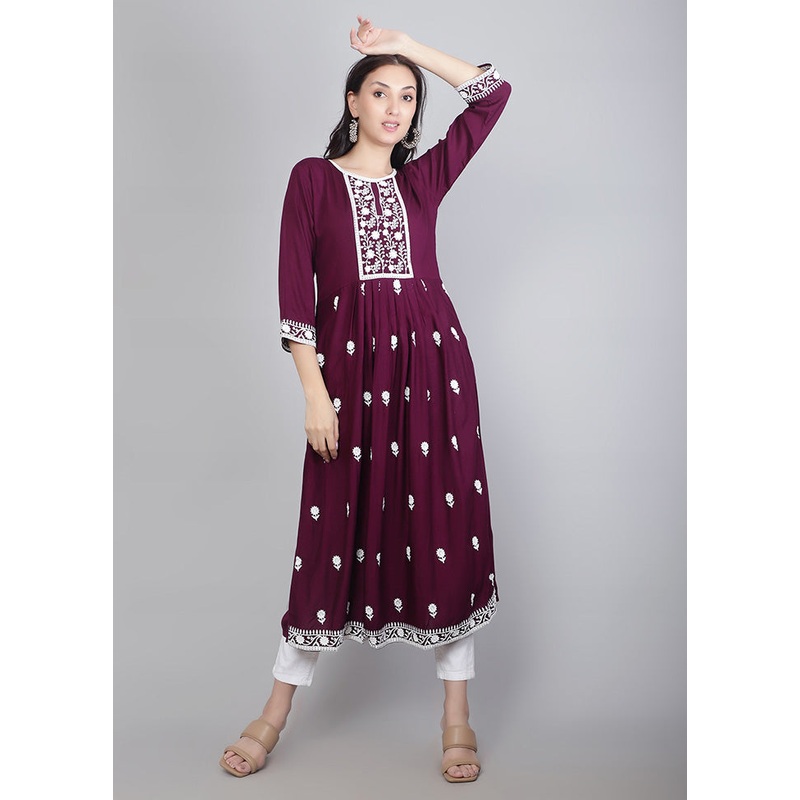 Wine Readymade Rayon Kurti - JD986584370