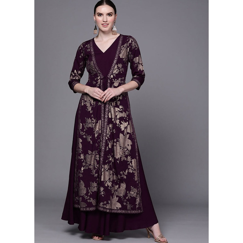 Wine Readymade Silk Kurti - JD986584366