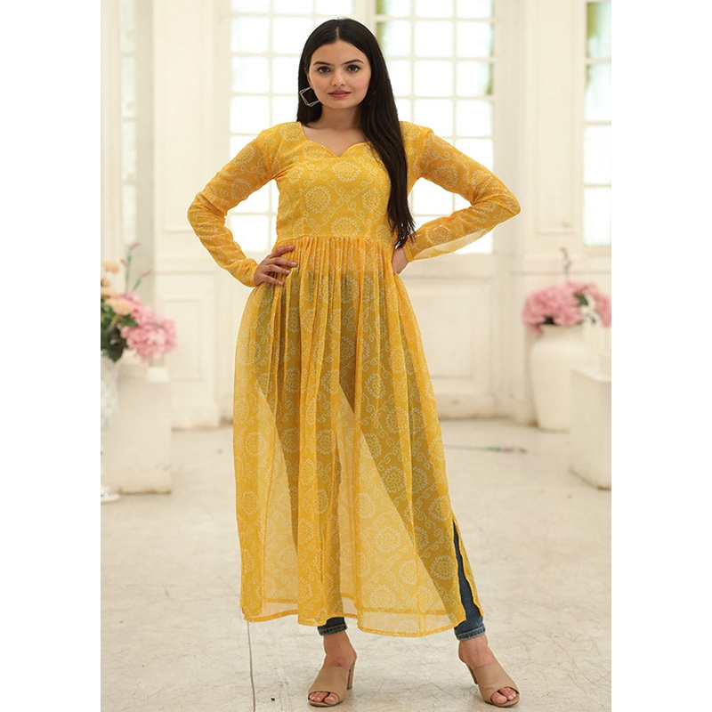 Yellow Readymade Georgette Long Kurti - JD986584355