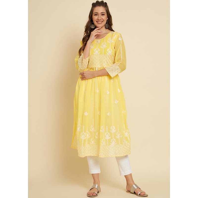 Yellow Readymade Georgette Long Kurti - JD986584356
