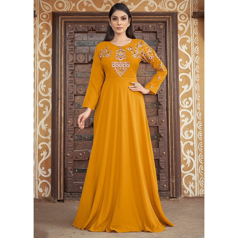 Yellow Readymade Silk Gown - JD986584347