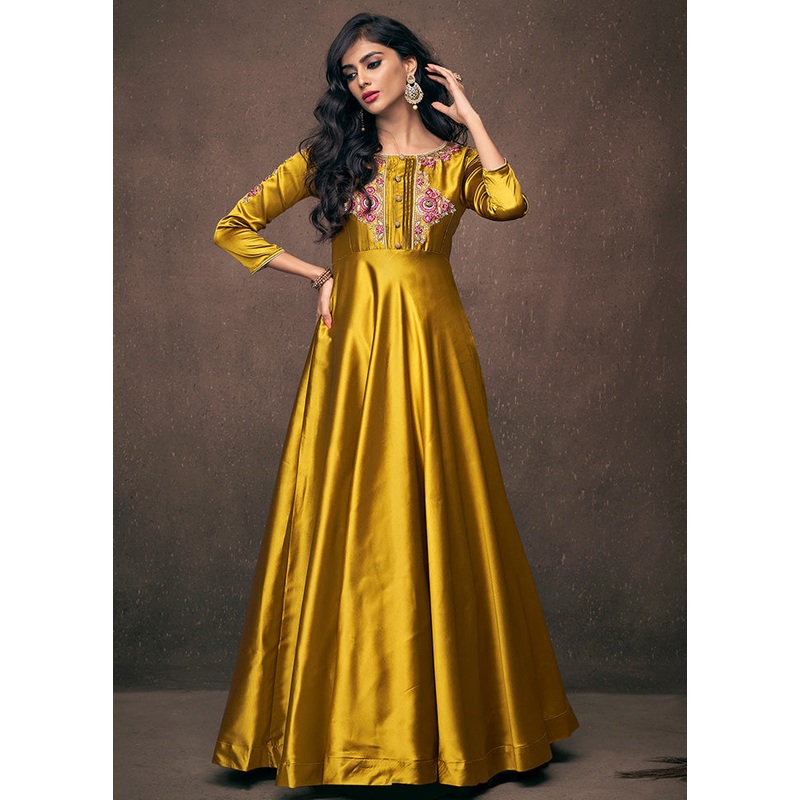 Yellow Readymade Silk Gown - JD986584348