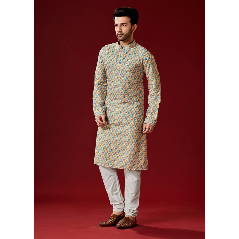 2 Pc Cream Cotton Kurta And Pajama Set - JD986584076