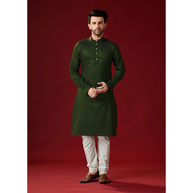 2 Pc Green Cotton Kurta And Pajama Set - JD986584072