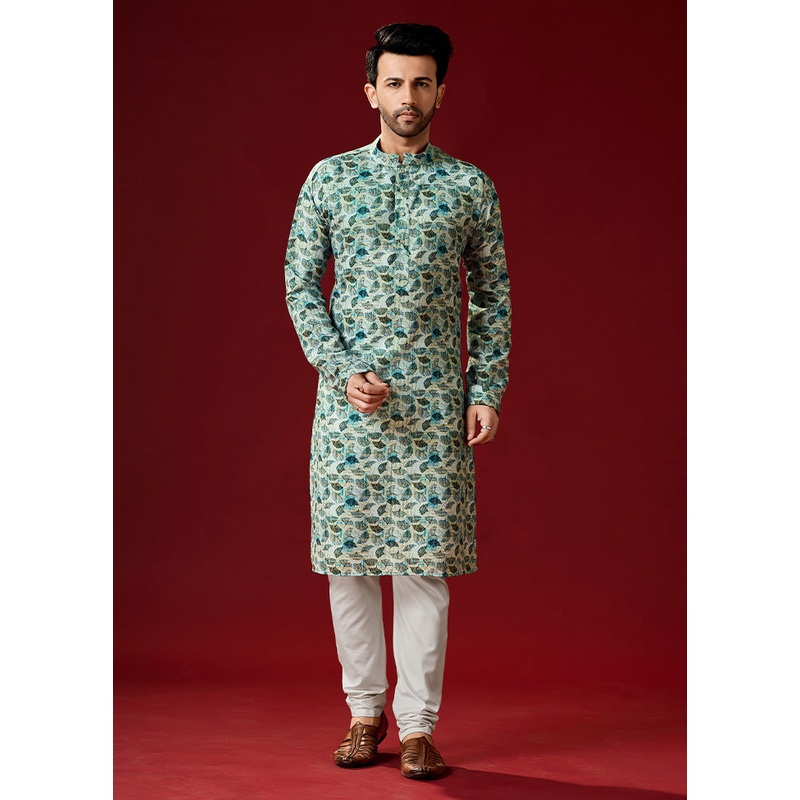 2 Pc Green Cotton Kurta And Pajama Set - JD986584073