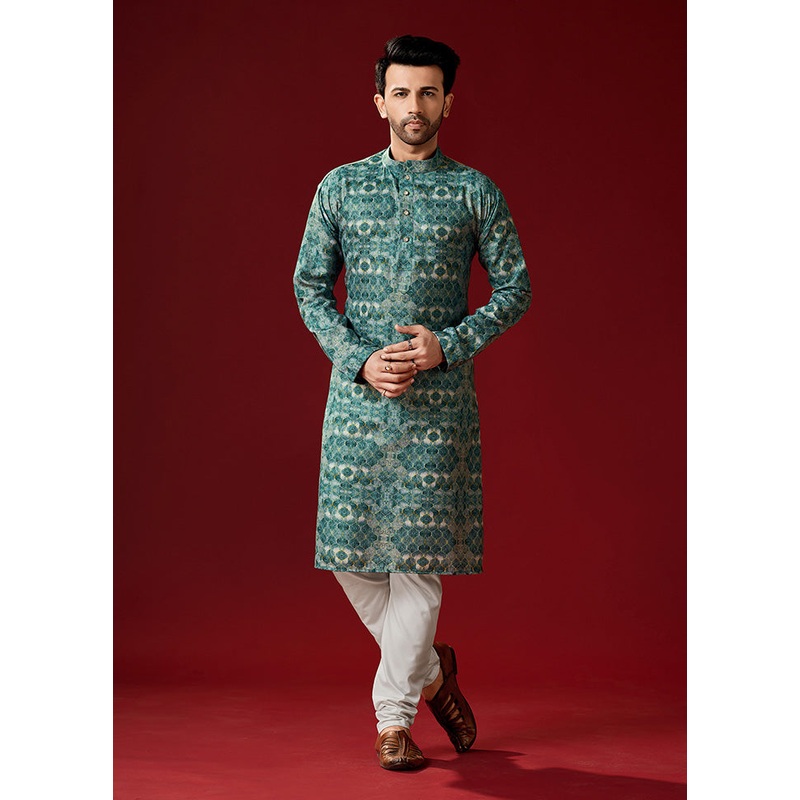 2 Pc Green Cotton Kurta And Pajama Set - JD986584074