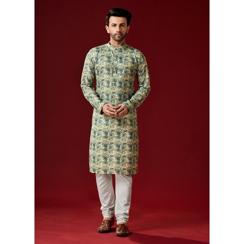 2 Pc Green Cotton Kurta And Pajama Set - JD986584075