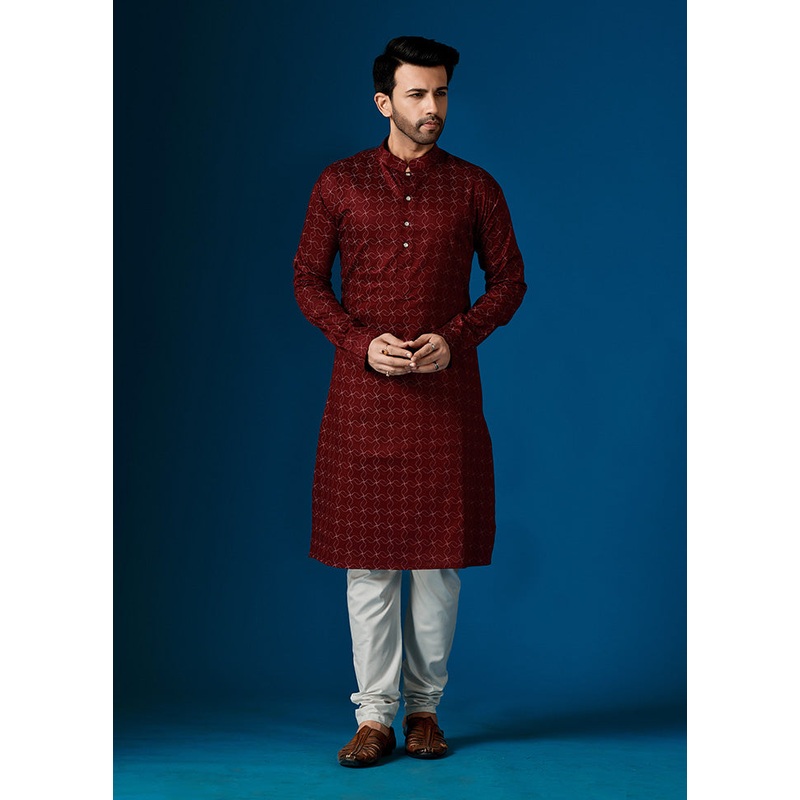 2 Pc Maroon Cotton Kurta And Pajama Set - JD986584068