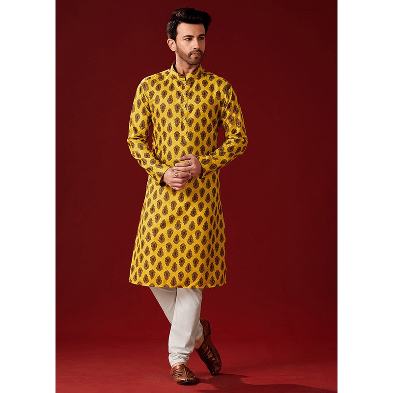2 Pc Yellow Cotton Kurta And Pajama Set - JD986584058