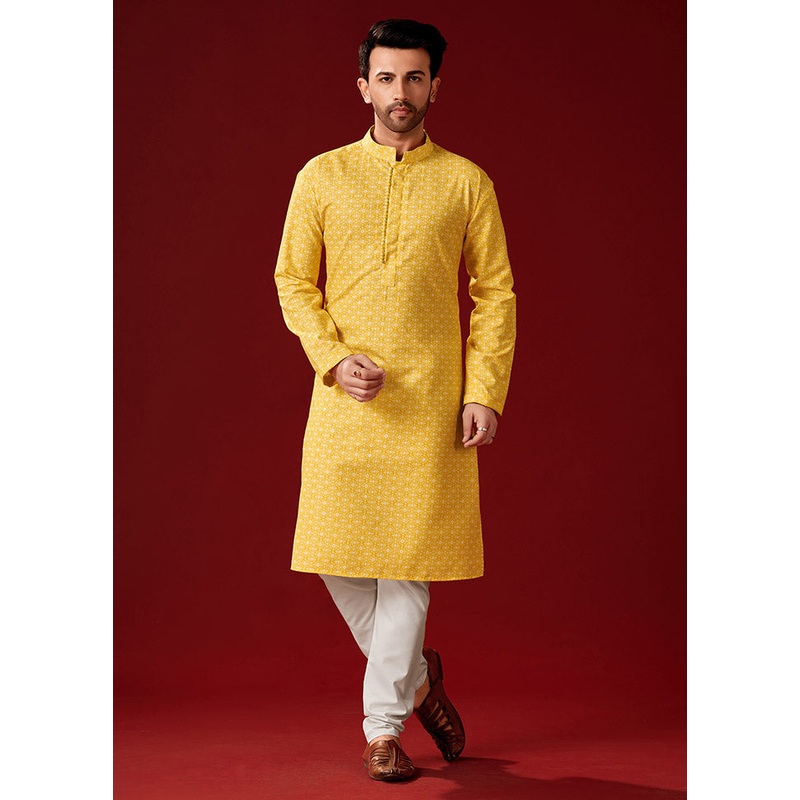 2 Pc Yellow Cotton Kurta And Pajama Set - JD986584059