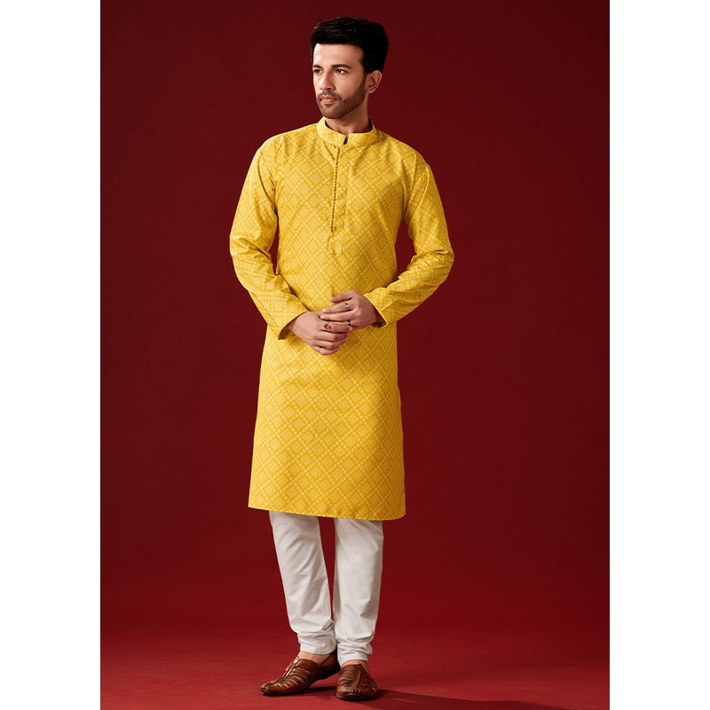 2 Pc Yellow Cotton Kurta And Pajama Set - JD986584060