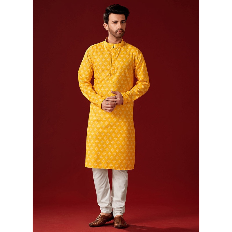 2 Pc Yellow Cotton Kurta And Pajama Set - JD986584061