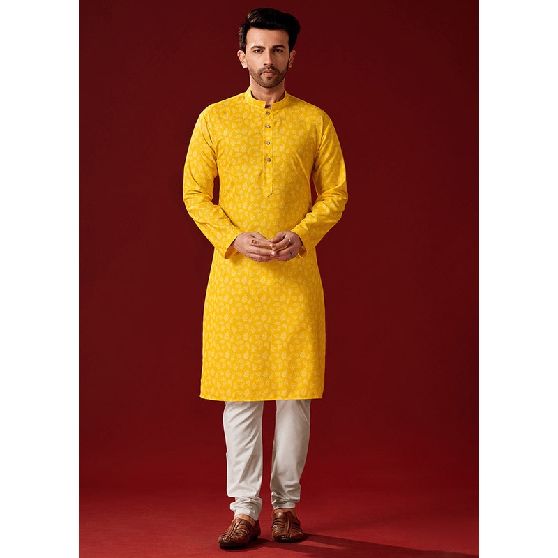 2 Pc Yellow Cotton Kurta And Pajama Set - JD986584062