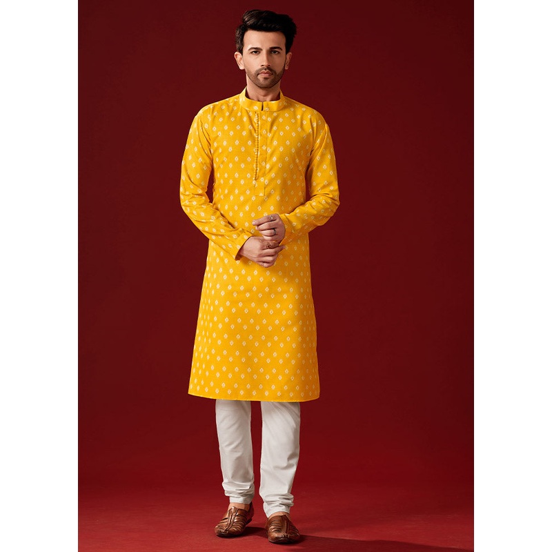 2 Pc Yellow Cotton Kurta And Pajama Set - JD986584063