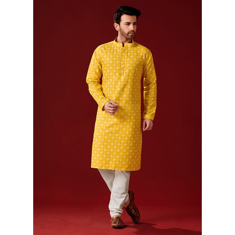 2 Pc Yellow Cotton Kurta And Pajama Set - JD986584064