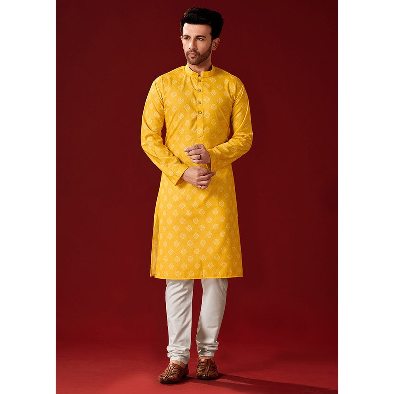 2 Pc Yellow Cotton Kurta And Pajama Set - JD986584065