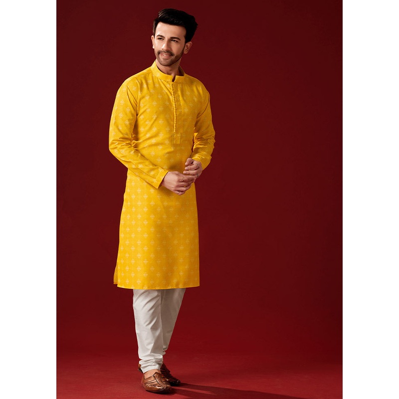 2 Pc Yellow Cotton Kurta And Pajama Set - JD986584066