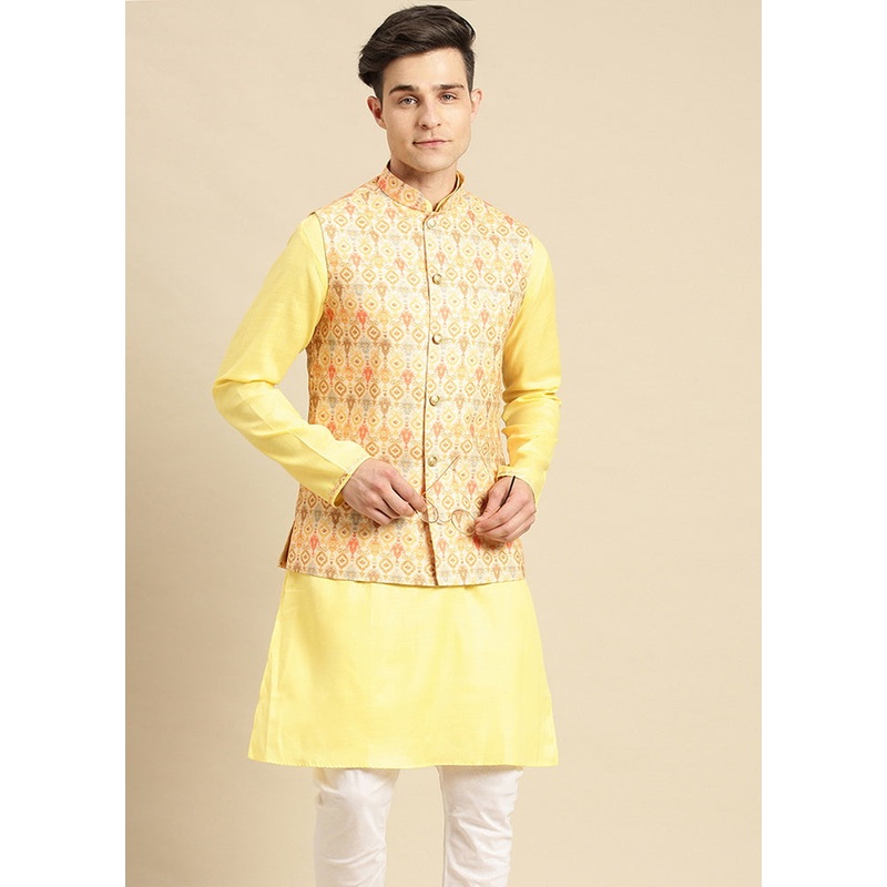 2 Pc Yellow Cotton Printed Kurta Jacket Set - JD986584056